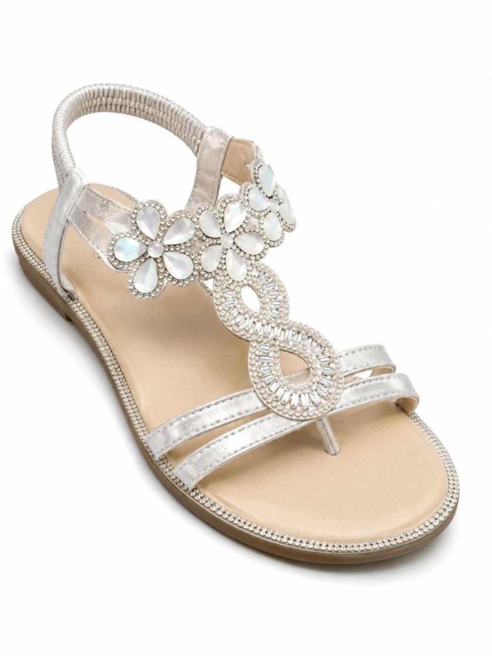 ZriEy Size 8.5 Sandals Rhinestone Silver Floral Beaded Elastic Strap Shoes Boho